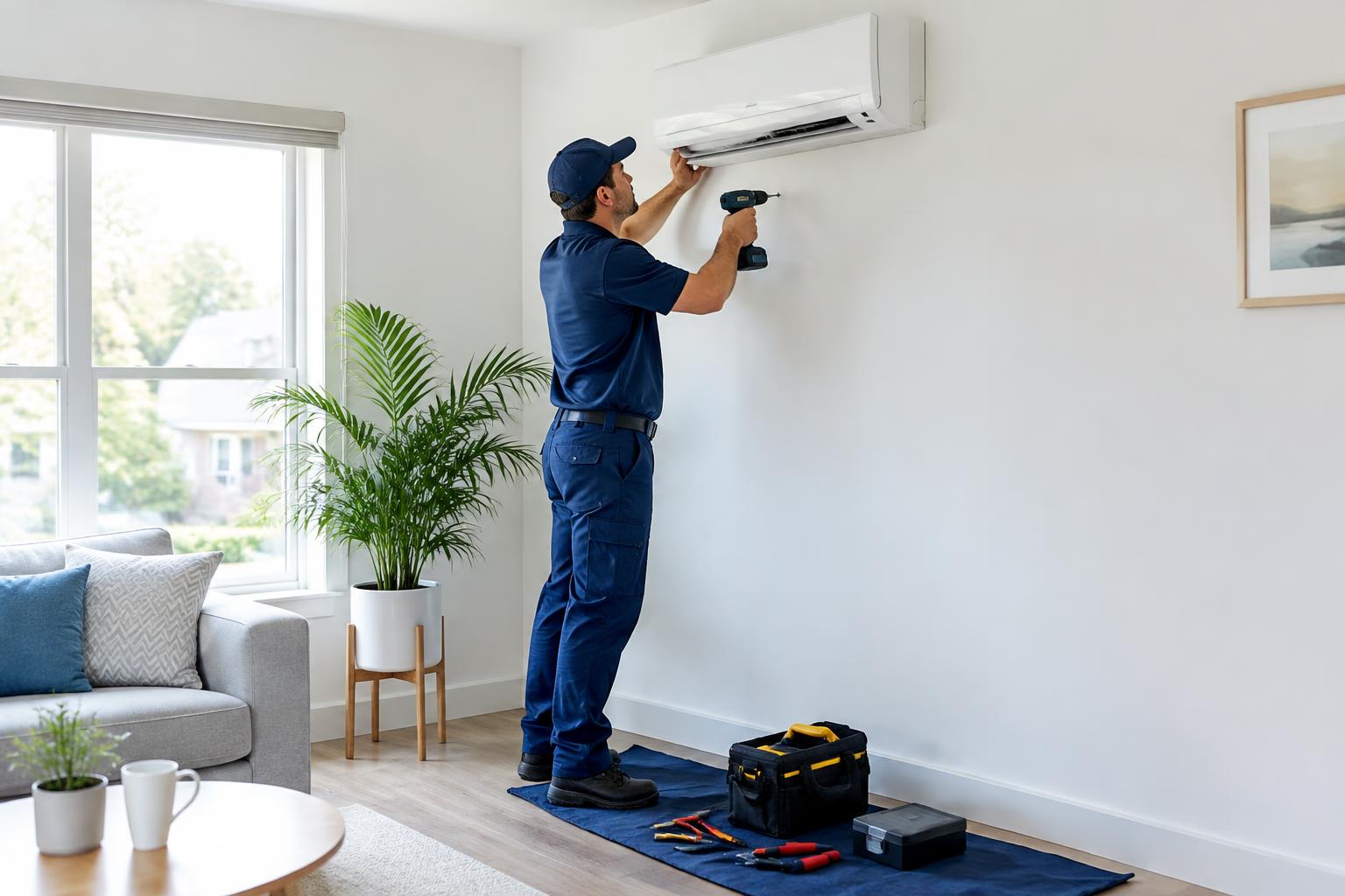 Techniker montiert das Innengerät einer Split-Klimaanlage an der Wand