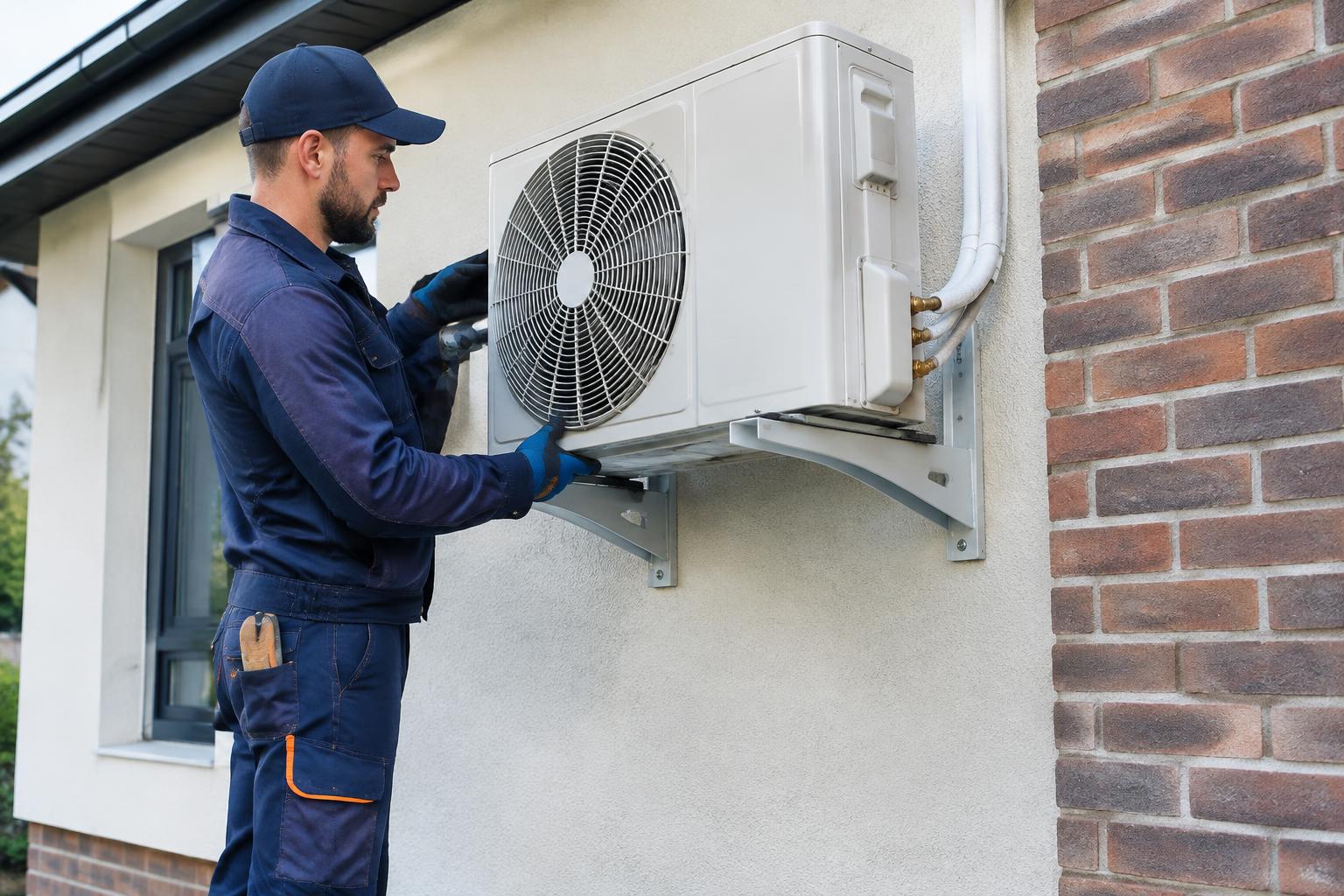 Techniker befestigt das Außengerät an der Hausfassade